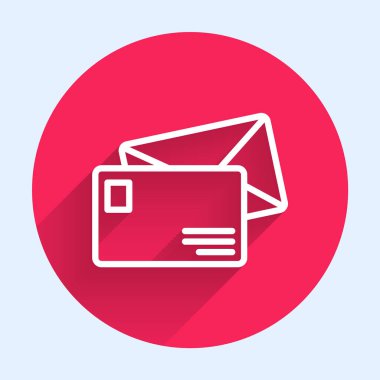 Beyaz çizgi Zarf simgesi uzun gölgeli izole edilmiş. E- posta mektup sembolü. Kırmızı daire düğmesi. Vektör İllüstrasyonu