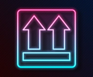 Parlayan neon hattı Bu tarafta siyah arkaplanda izole edilmiş bir simge var. Paketin üst tarafını gösteren iki ok. Kargo halledildi. Vektör İllüstrasyonu