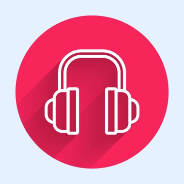 Beyaz çizgi kulaklık simgesi uzun gölgeli izole edilmiş. Müşteri hizmetleri, yardım hattı, çağrı merkezi, faq, bakım. Kırmızı daire düğmesi. Vektör İllüstrasyonu