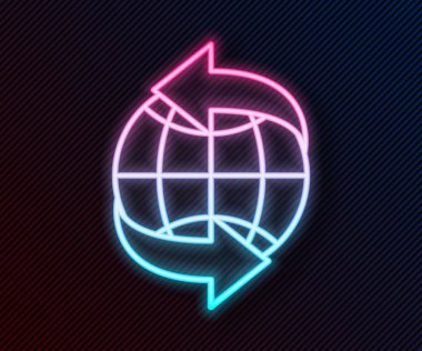 Parlayan neon hattı dünya çapında simge siyah arkaplanda izole edildi. Yerküreye iğnele. Vektör İllüstrasyonu