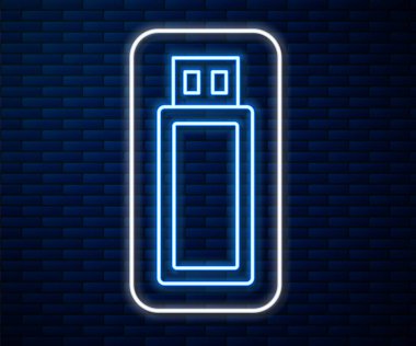 Parlayan neon hattı USB flaş bellek simgesi tuğla duvar arka planında izole edildi. Vektör İllüstrasyonu