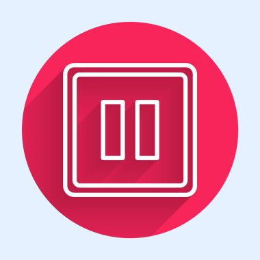 Beyaz çizgi durdurma düğmesi simgesi uzun gölgeyle izole edildi. Kırmızı daire düğmesi. Vektör İllüstrasyonu