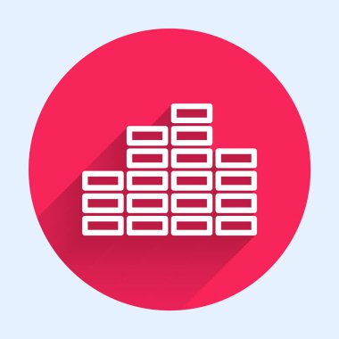 Beyaz çizgi Müzik Dengeleyici simgesi uzun gölgeli izole edilmiş. Ses dalgası. Ses dijital dengeleyici teknolojisi, konsol paneli, nabız müzikali. Kırmızı daire düğmesi. Vektör İllüstrasyonu