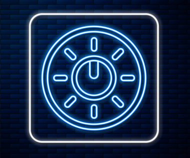 Parlayan neon hattı çevirme teknolojisi ayarları tuğla duvar arka planında izole edilmiş. Ses tuşu, ses kontrolü, analog regülatör. Vektör İllüstrasyonu