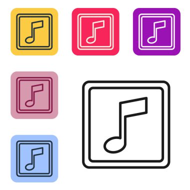 Siyah çizgi müzik notası, ton simgesi beyaz arkaplanda izole edilmiş. Renkli kare düğmelerle simgeleri ayarla. Vektör İllüstrasyonu