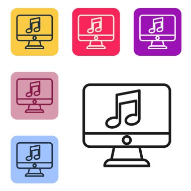 Ekran simgesinde nota sembolü olan siyah çizgi bilgisayarı beyaz arkaplanda izole edildi. Renkli kare düğmelerle simgeleri ayarla. Vektör İllüstrasyonu