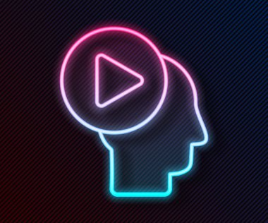 Parlayan neon hattı. Çalma düğmesi simgesi olan insanların başları siyah arkaplanda izole edilmiş. Vektör İllüstrasyonu