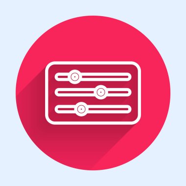 Beyaz çizgi Ses Karıştırıcı simgesi uzun gölgeli izole edilmiş. DJ ekipman kaydırma düğmeleri. Konsol karıştırılıyor. Kırmızı daire düğmesi. Vektör İllüstrasyonu