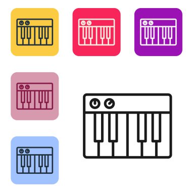 Siyah çizgi müzik sentezleyici simgesi beyaz arkaplanda izole edildi. Elektronik piyano. Renkli kare düğmelerle simgeleri ayarla. Vektör İllüstrasyonu