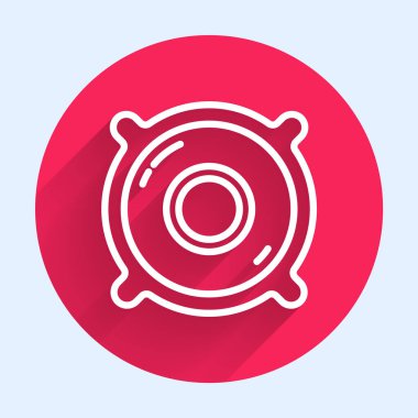 Beyaz çizgi Stereo hoparlör ikonu uzun gölgeli izole edildi. Ses sistemi hoparlörleri. Müzik ikonu. Müzikal sütun hoparlörü. Kırmızı daire düğmesi. Vektör İllüstrasyonu