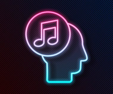 Parlayan neon çizgisi. İnsan kafasındaki müzik notaları siyah arka planda izole edilmiş. Vektör İllüstrasyonu