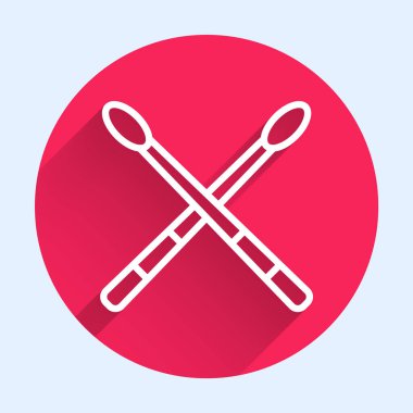 Uzun gölgeli beyaz çizgili Drum çubukları simgesi. Müzik aleti. Kırmızı daire düğmesi. Vektör İllüstrasyonu