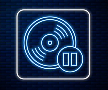 Parlayan neon hattı Vinil disk simgesi tuğla duvar arka planında izole edildi. Vektör İllüstrasyonu