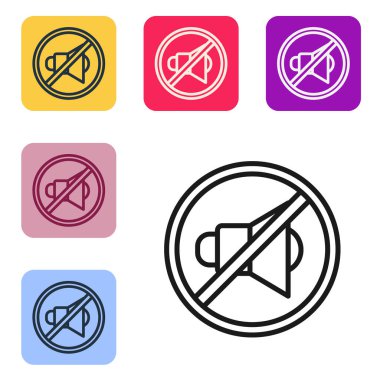 Siyah çizgi sözcüsü sessiz simge beyaz arkaplanda izole edildi. Ses simgesi yok. Ses Kapalı sembolü. Renkli kare düğmelerle simgeleri ayarla. Vektör İllüstrasyonu