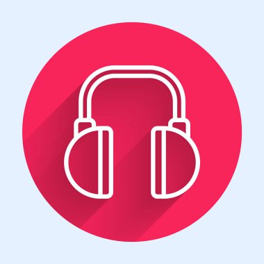 Beyaz çizgi kulaklık simgesi uzun gölgeli izole edilmiş. Kulaklıklar. Müzik, hizmet, iletişim ve operatör konsepti. Kırmızı daire düğmesi. Vektör İllüstrasyonu