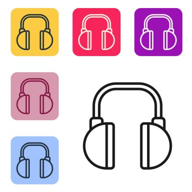 Siyah çizgi kulaklık simgesi beyaz arkaplanda izole edildi. Kulaklıklar. Müzik, hizmet, iletişim ve operatör konsepti. Renkli kare düğmelerle simgeleri ayarla. Vektör İllüstrasyonu
