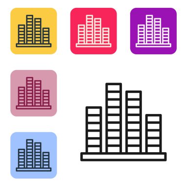 Siyah çizgi müzik eşitleyici simgesi beyaz arkaplanda izole edildi. Ses dalgası. Ses dijital dengeleyici teknolojisi, konsol paneli, nabız müzikali. Renkli kare düğmelerle simgeleri ayarla. Vektör İllüstrasyonu