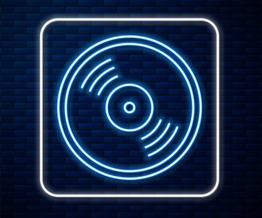 Parlayan neon hattı Vinil disk simgesi tuğla duvar arka planında izole edildi. Vektör İllüstrasyonu