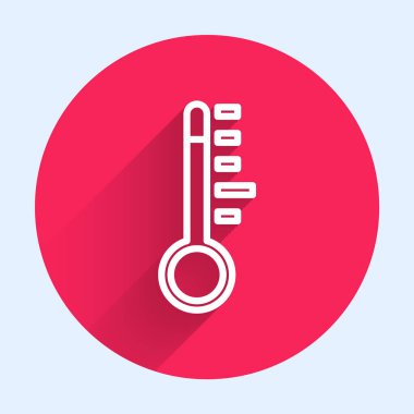 Meteoroloji termometresi uzun gölgeli izole edilmiş ikonu ölçüyor. Termometre termometresi sıcak ya da soğuk hava gösteriyor. Kırmızı daire düğmesi. Vektör İllüstrasyonu