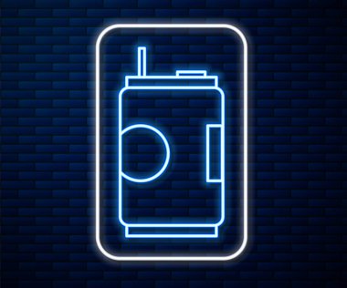 Parlayan neon hattı, tuğla duvar arkasında izole edilmiş Soda kutusu ikonu. Vektör İllüstrasyonu