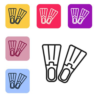 Yüzme ikonu için siyah çizgili plastik yüzgeçler beyaz arka planda izole edilmiş. Dalış ekipmanları. Olağanüstü bir spor. Spor malzemeleri. Renkli kare düğmelerle simgeleri ayarla. Vektör İllüstrasyonu