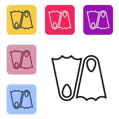 Yüzme ikonu için siyah çizgili plastik yüzgeçler beyaz arka planda izole edilmiş. Dalış ekipmanları. Olağanüstü bir spor. Spor malzemeleri. Renkli kare düğmelerle simgeleri ayarla. Vektör İllüstrasyonu