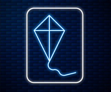 Parlayan neon hattı Kite simgesi tuğla duvar arkasında izole edildi. Vektör İllüstrasyonu