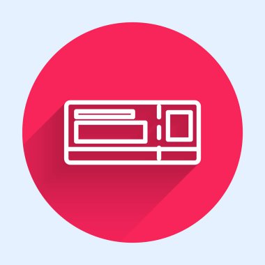 Beyaz çizgi seyahat bileti ikonu uzun gölgeli izole edilmiş. Tren, gemi, uçak, tramvay, otobüs. Seyahat servisi konsepti. Kırmızı daire düğmesi. Vektör İllüstrasyonu