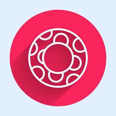 Kauçuk yüzme ikonu uzun gölgeli beyaz çizgi. Hayat kurtaran yüzen can simidi plaj için, kurtarma kemeri insanları kurtarmak için. Kırmızı daire düğmesi. Vektör İllüstrasyonu