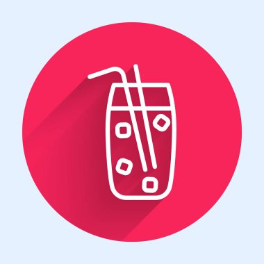 Beyaz çizgi kokteyl ve alkol ikonu uzun gölgeli izole edilmiş. Kırmızı daire düğmesi. Vektör İllüstrasyonu