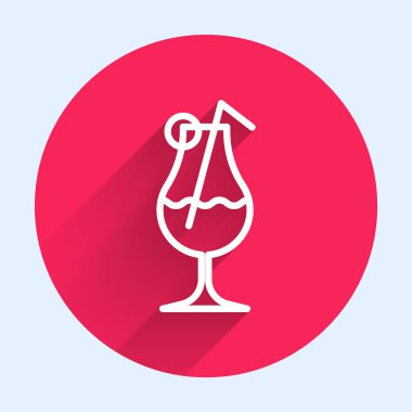 Beyaz çizgi kokteyl ve alkol ikonu uzun gölgeli izole edilmiş. Kırmızı daire düğmesi. Vektör İllüstrasyonu