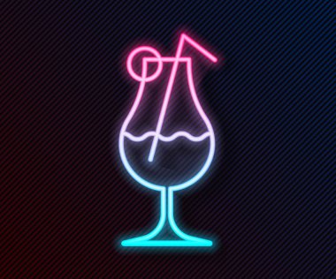 Parlayan neon hattı siyah arka planda izole edilmiş kokteyl ve alkol ikonu. Vektör İllüstrasyonu