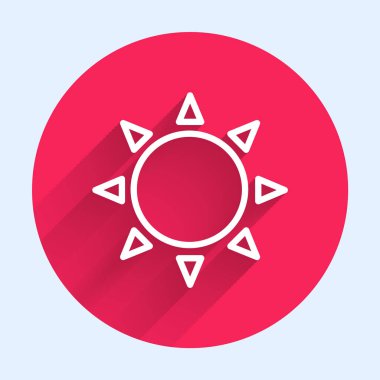 Beyaz çizgi güneş ikonu uzun gölgeli izole edilmiş. Yaz sembolü. Güneşli bir gün. Kırmızı daire düğmesi. Vektör İllüstrasyonu