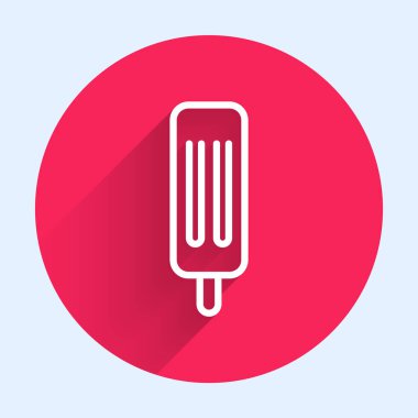 Uzun gölgeli beyaz çizgi dondurma ikonu. Güzel sembol. Kırmızı daire düğmesi. Vektör İllüstrasyonu