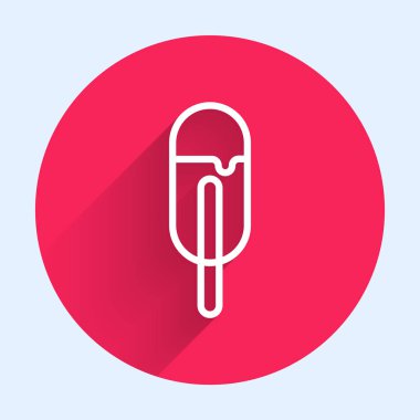 Uzun gölgeli beyaz çizgi dondurma ikonu. Güzel sembol. Kırmızı daire düğmesi. Vektör İllüstrasyonu