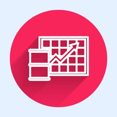 Beyaz çizgi petrol fiyatlarındaki artış ikonu uzun gölgelerle izole edilmiş. Petrol endüstrisi krizi konsepti. Kırmızı daire düğmesi. Vektör İllüstrasyonu