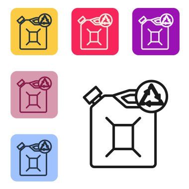 Beyaz arka planda siyah çizgi Eko yakıt kutusu ikonu izole edildi. Çevre biyolojisi ve namlusu. Yeşil çevre ve geri dönüşüm. Renkli kare düğmelerle simgeleri ayarla. Vektör İllüstrasyonu