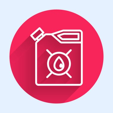 Motor makine yağı ikonu için beyaz çizgi kutusu uzun gölgeli izole edilmiş. Benzin bidonu. Yağ değiştirme ve onarım servisi. Motor yağı işareti. Kırmızı daire düğmesi. Vektör İllüstrasyonu