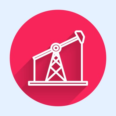 Beyaz çizgi yağ pompası ya da pompa ikonu uzun gölgeli izole edilmiş. Petrol platformu. Kırmızı daire düğmesi. Vektör İllüstrasyonu