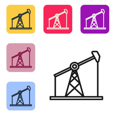 Beyaz arka planda siyah çizgi yağ pompası ya da pompa ikonu izole edildi. Petrol platformu. Renkli kare düğmelerle simgeleri ayarla. Vektör İllüstrasyonu