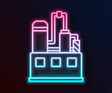 Parlayan neon hattı petrol ve gaz endüstriyel yapı ikonu siyah arka planda izole edildi. Vektör İllüstrasyonu