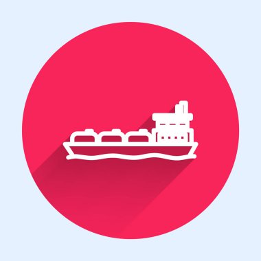 Beyaz çizgi petrol tankeri ikonu uzun gölgeli izole edildi. Kırmızı daire düğmesi. Vektör İllüstrasyonu