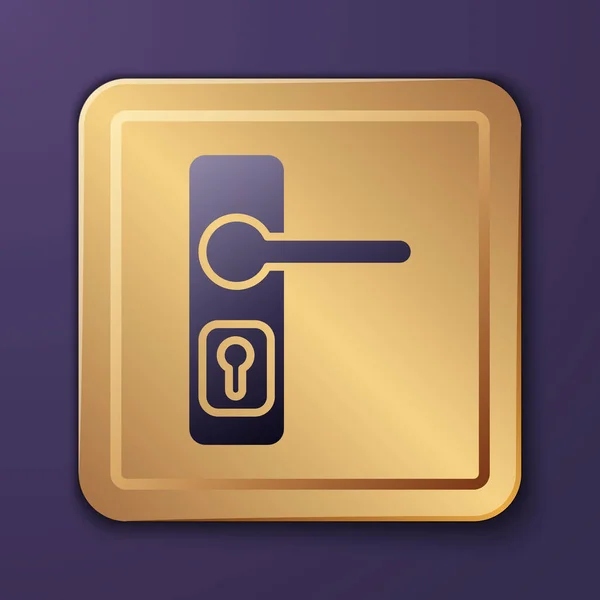 Paarse Deurkruk Pictogram Geïsoleerd Paarse Achtergrond Deur Slot Gouden Vierkante — Stockvector