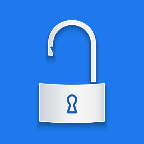 Paper Cut Open Padlock Icon Isolated Blue Background Opened Lock — Stock Vector