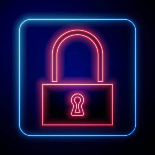 Leuchtendes Neon Lock Symbol Isoliert Auf Blauem Hintergrund Vorhängeschloss Sicherheit — Stockvektor