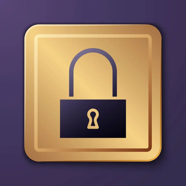 紫色锁图标隔离在紫色背景 帕德洛克牌安保 隐私概念 金正方形按钮病媒图解 — 图库矢量图片