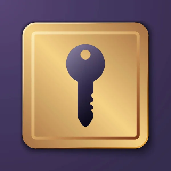 Icono Llave Púrpura Aislado Sobre Fondo Púrpura Botón Cuadrado Dorado — Vector de stock