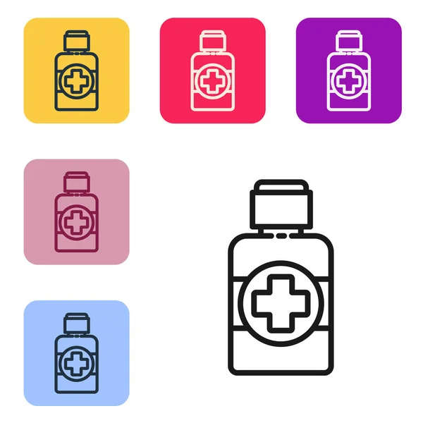 Black Line Bottle Medicine Syrup Icon Isolated White Background Set — Stock Vector