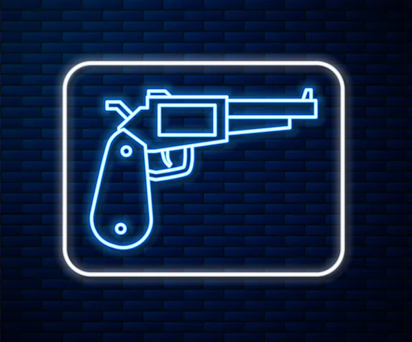Glowing Neon Line Revolver Gun Icon Isolated Brick Wall Background — Stock Vector
