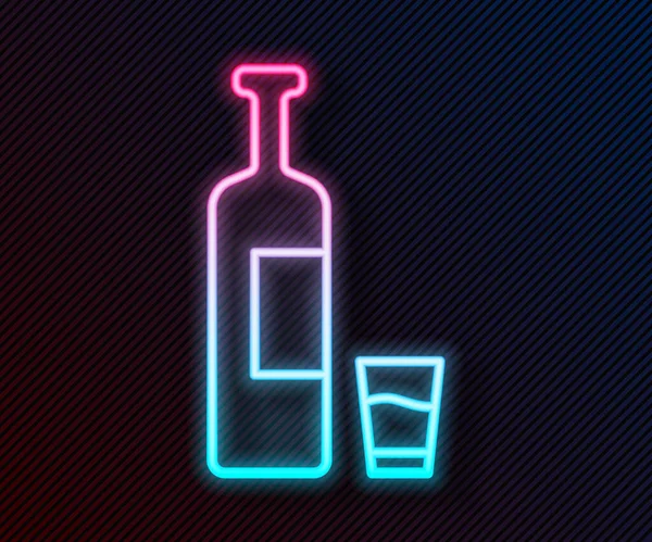 Leuchtende Neonfarbene Whiskeyflasche Und Glassymbol Isoliert Auf Schwarzem Hintergrund Vektorillustration — Stockvektor